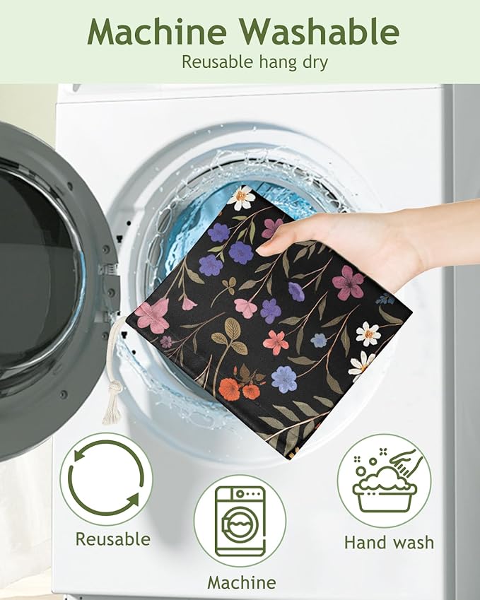 Plastic Bag Holder Organizer - 1 Pack Reusable Canvas Grocery Bags Holder Hanging Wall Cute Aesthetic Shopping Bag Storage Dispenser with Drawstring Closure for Kitchen Home, Black Floral