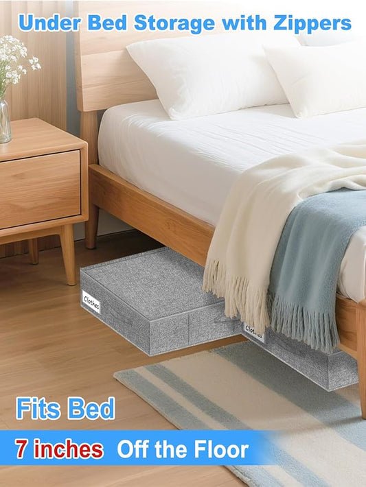 boailydi Under Bed Storage Container, 7" Tall Underbed Storage Bin with Rigid Sides & Bottom, Large Under-Bed Clothes Organizer with Zippered Lid for Bedroom, Dorm, Sofa, 30x15x6.7, Grey