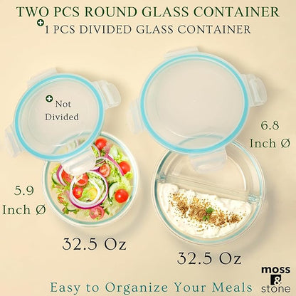 Moss & Stone 4-Pack Round Kitchen Glass Food Storage Containers Set with Lids – Reusable Glass Meal Prep Containers for Kitchen, Lunch or Fridge – Airtight Snap-Lock – Includes 1 Divided & 1 Standard