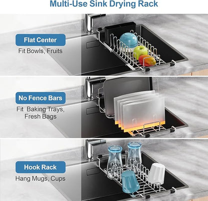 GSlife Large Capacity Expandable Dish Drying Rack with Absorbent Mat, 2-Piece Stainless Steel Dish Drainer Set for Counter with Removable Over Sink Rack, Family Size 16.5"-21.5" L x 15" W, Silver