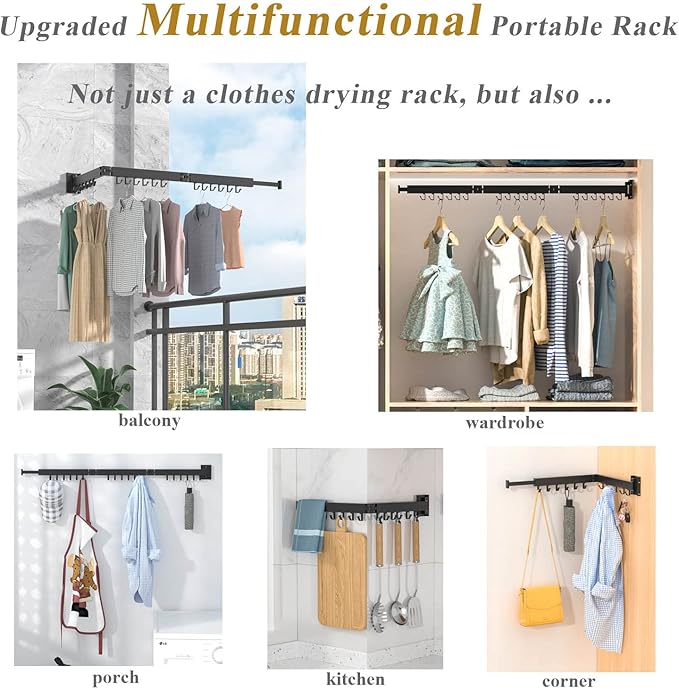 ptlsy Wall Mounted Portable Folding Clothes Drying Rack with Hooks,Space Saver Clothes Hangers Design Universal for Balcony, Mudroom, Bedroom, Kitchen, Foldable Laundry Rack (3-Pole Black)