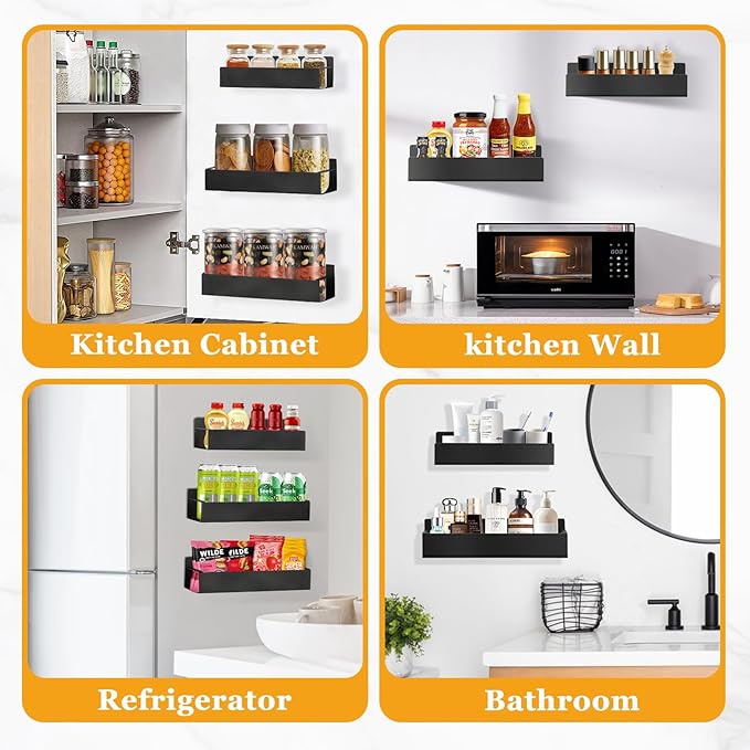 Kitchen Spice Rack for Wall: 2 Packs Black Adhesive Spice Racks Wall Mount - 11.8" Large Hanging Storage Organizer Cabinet Without Drilling for Work Room Bathroom Shelves