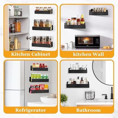 Kitchen Spice Rack for Wall: 2 Packs Black Adhesive Spice Racks Wall Mount - 11.8" Large Hanging Storage Organizer Cabinet Without Drilling for Work Room Bathroom Shelves