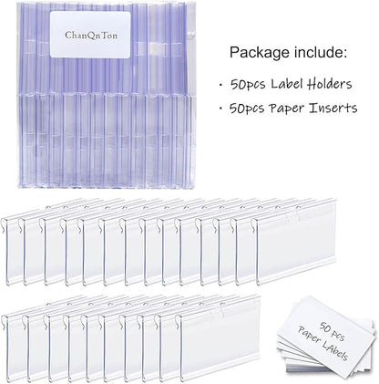 50PCS Basket Bin Labels Clip On,ChanQnTon Clear Plastic Labels for Storage Bins, Wire Shelf Price Tags,Merchandise Sign Display Holder,50PCS 6X4CM Paper Inserts Included.