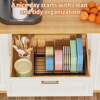 Food Container Lid Organizer for Cabinet, 6 Adjustable Dividers Metal Pot Lid Organizer, Pots and Pans Organizer Under Cabinet Storage Plastic Lids Pots Cookie Sheets for Cabinets, Cupboards, Drawers