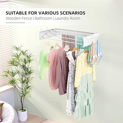 Laundry Drying Rack, Collapsible Wall Mounted Clothes Drying Rack - Foldable,Space Saving, 13.2 Linear Ft, 4 Aluminum Rods, 60 lb Capacity (White, 23.6" Wide)