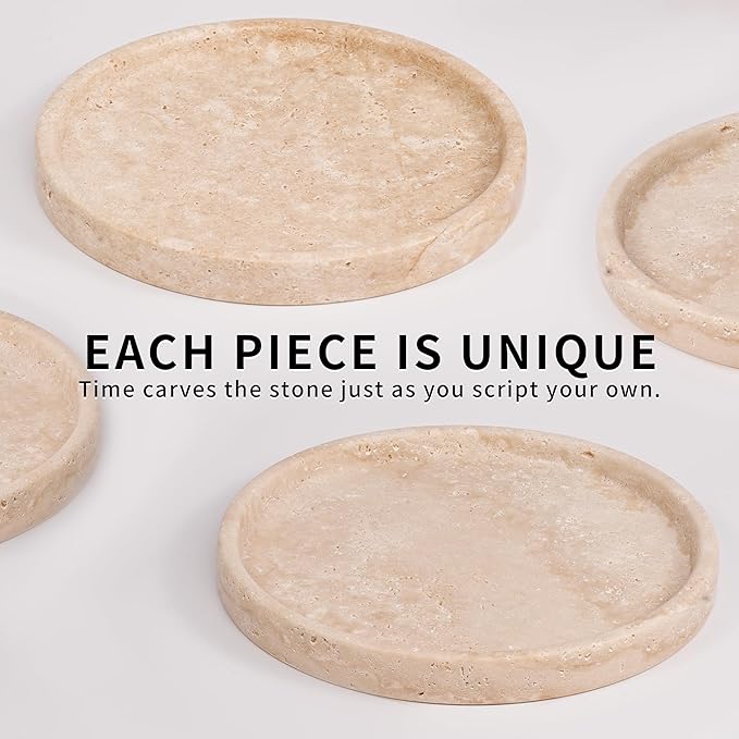 LWALMS Travertine Round Marble Tray - Stone Perfume Plate Decorative Bowl for Nightstand Entryway Coffee Table Decor, Jewelry Trinket Ring Key Purse Holder Dish (7.9 inch)