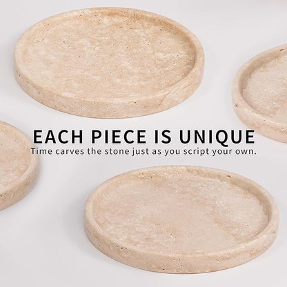 LWALMS Travertine Round Marble Tray - Stone Perfume Plate Decorative Bowl for Nightstand Entryway Coffee Table Decor, Jewelry Trinket Ring Key Purse Holder Dish (7.9 inch)