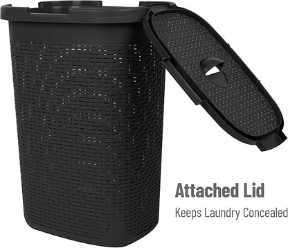 Mind Reader Slim Laundry Hamper with Lid, 60L Clothes Baskets, Premium Wicker Design, Plastic, 2-Pack, Black