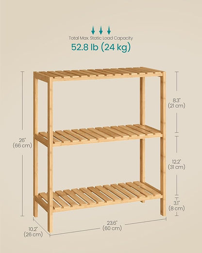 SONGMICS Bamboo Storage Shelf, 3-Tier Shelving Unit, Multifunctional, in The Entryway, Bathroom, Living Room, Balcony, Kitchen, 10.2 x 23.6 x 26 Inches, Light Bamboo UBCB33Y