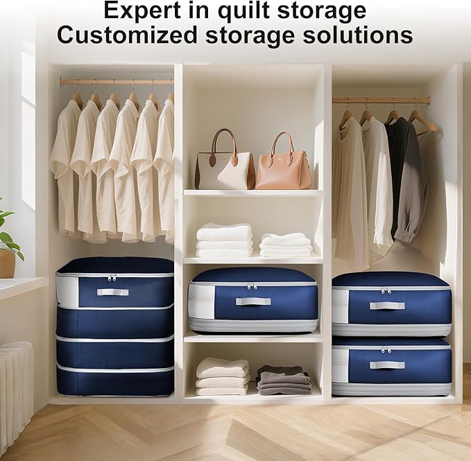 Easortm Comforter Storage Bag - Large Capacity Blanket Storage Bags 4-Layer Ultra Space Saving Self Compression Organizer, Washable Compression Bags for Storage Comforter Blanket, 2-Pack, Navy Blue