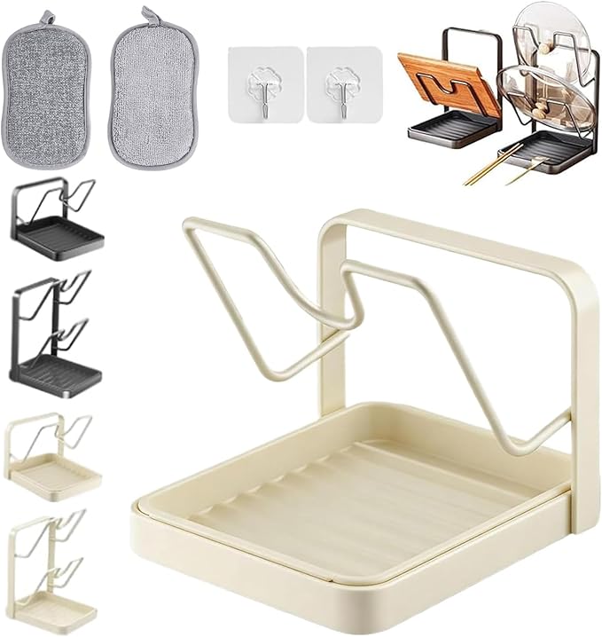 Premium 304 Stainless Steel Pot Lid Holder & Organizer – Space-Saving Rack with Removable Drip Tray for Lids & Utensils Single Layer - Beige