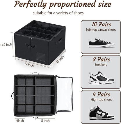 PAKISOU Shoe Storage Organizer, Fits 16 Pairs, Closet Shoe Box with Adjustable Dividers & Transparent Lid, Foldable Fabric Shoe Container with Handles for Space-Saving Shoe Storage (Black)
