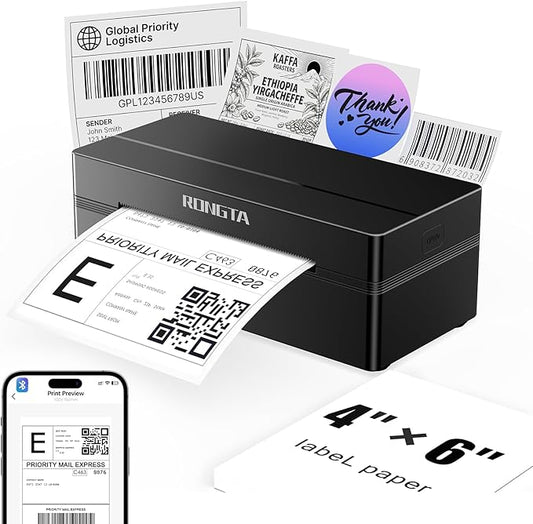 Rongta Bluetooth Shipping Label Printer, Wireless 4x6 Thermal Label Printer for Shipping Packages, Support Android, iPhone, Widely Used for Amazon, Ebay, Shopify, Etsy, UPS, Black