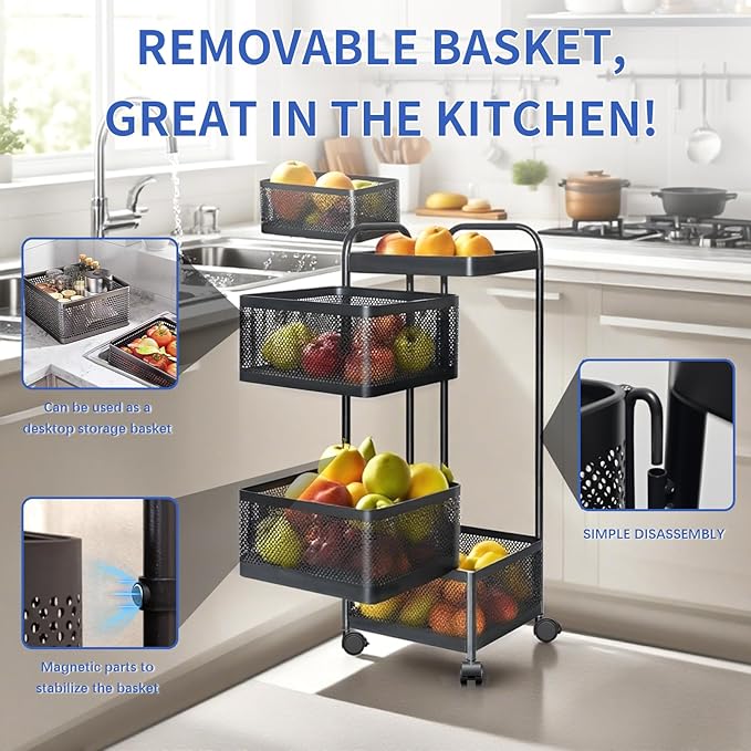 Rotating Kitchen Storage Rack, 4 Tier Rolling Cart with Fruit and Vegetable Basket, Black Storage Organization Dolly Cart with Wheels for Bathroom, Kitchen and Bedroom