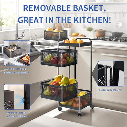 Rotating Kitchen Storage Rack, 4 Tier Rolling Cart with Fruit and Vegetable Basket, Black Storage Organization Dolly Cart with Wheels for Bathroom, Kitchen and Bedroom