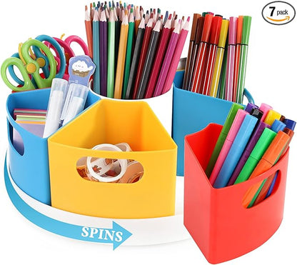 360 Rotating Art Supply Storage Organizer Caddy for Kids - Multicolored Crayon Marker Storage and Pencil Holder for Desk - Classroom Organization