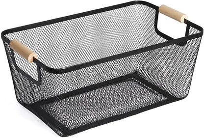 Metal Mesh Steel Basket, Medium Wire Storage Organizer Basket Multi-function Hanging Kitchen Basket with Wood Handle for Kitchen Bathroom Picnic Home, Rectangle-Black