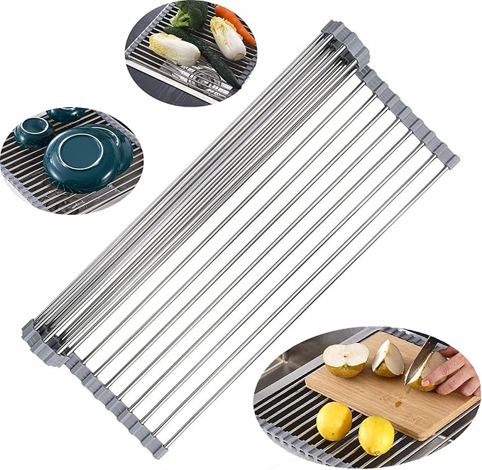 Roll up Over The Sink Dish Drying Rack Roll up Sink Racks Stainless Still Kitchen Rolling Dish Drainer Foldable Dishes Racks for Kitchen Sinks Counter (17.7''X13.3'')
