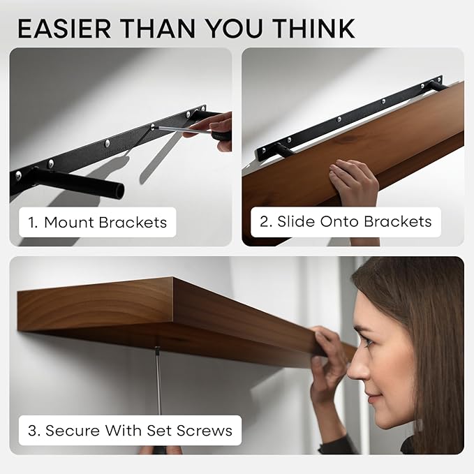 Homeforia Walnut 36 inch Floating Shelf, High End Solid Real Wood 36inch Large Shelves for Bathroom Wall, Dark Brown 36 inches Long Floating Shelves, Heavy Duty Bracket, 36 X 6.5 X 1.75 inch, Set of 3