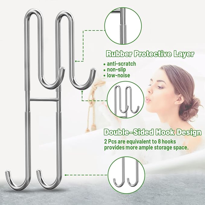 Cerbonny Shower Door Hooks, 2 Pack Extended Double Towel Hooks for Bathroom Frameless Glass Shower Door, Heavy Duty Stainless Steel Bathroom Hanger Without Perforation