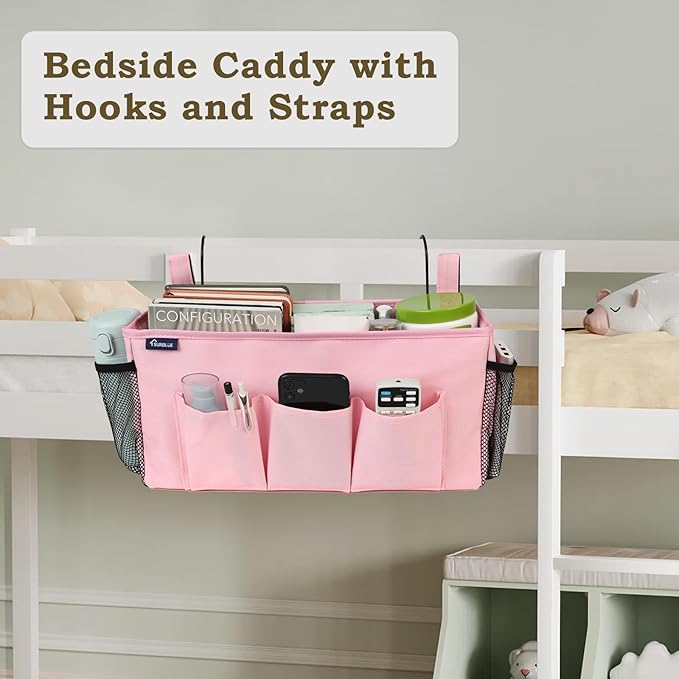 Surblue Bedside Organizer with Hook Caddy Hanging Storage Bag with Adjustable Straps and Water Bottle Holder for Home, College Dorm, Hospital Accessories, Crib Bed Rail, Pink, 2PCS
