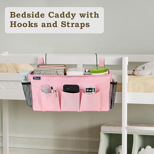 Surblue Bedside Organizer with Hook Caddy Hanging Storage Bag with Adjustable Straps and Water Bottle Holder for Home, College Dorm, Hospital Accessories, Crib Bed Rail, Pink, 2PCS