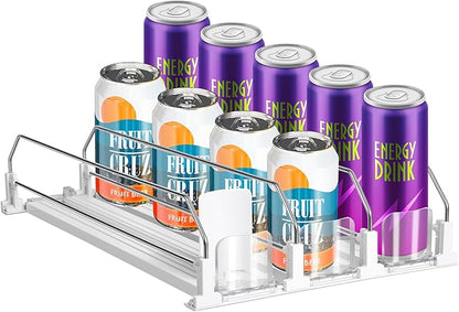 asika Drink Organizer for Fridge, Adjustable Width Soda Can Dispenser for Refrigerator Organizers and Storage, 3 Rows Beer Bottle Beverage Holder with Pusher Glide (14.96" D, White)