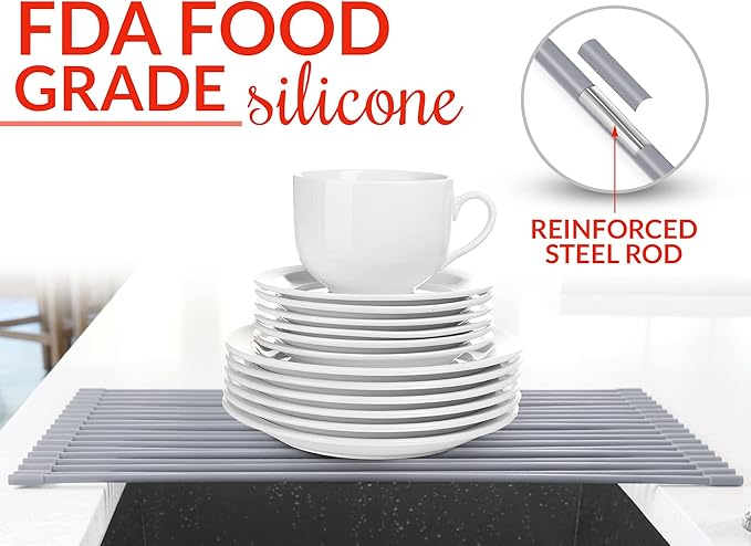 Zulay Kitchen Large Roll Up Dish Drying Rack - Heavy Duty Silicone Wrapped Steel Rods Over Sink Dish Drying Rack - Versatile Roll Up Sink Drying Rack & Trivet - Red,20.5 inches x 13 inches