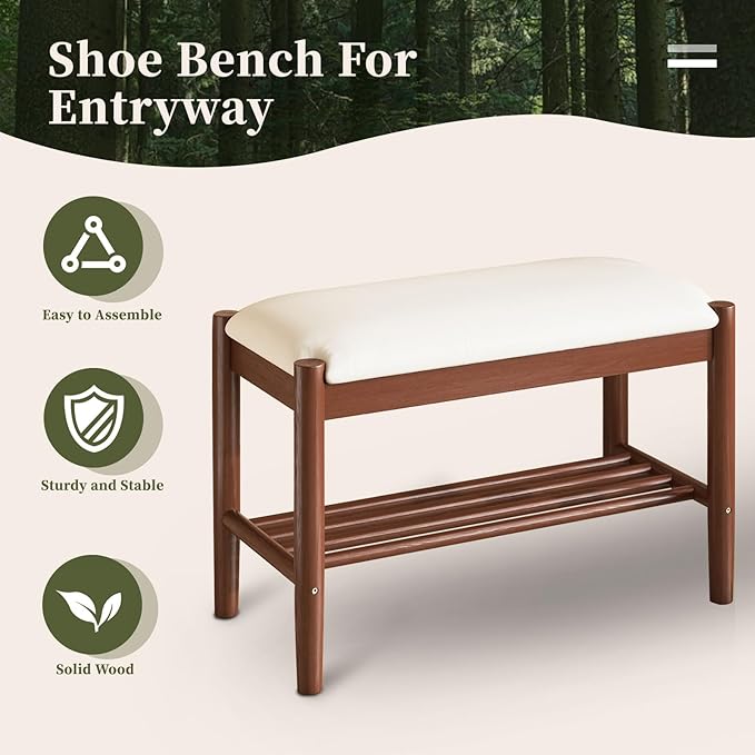 Solid Wood Shoe Bench with Cushion, 2-Tier Shoe Rack for Front Door Entrance, Enterway Benches with Shoe Storage (Walnut, 23.6in)