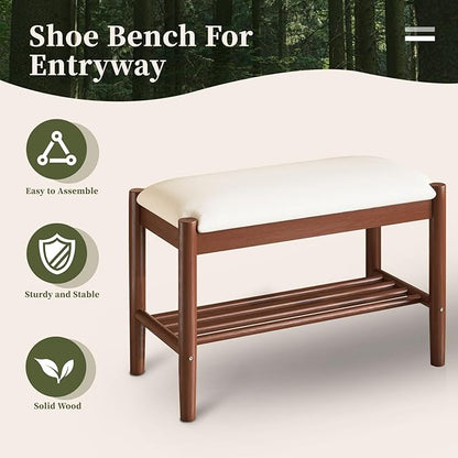 Solid Wood Shoe Bench with Cushion, 2-Tier Shoe Rack for Front Door Entrance, Enterway Benches with Shoe Storage (Walnut, 23.6in)