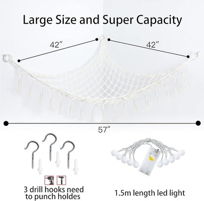Stuffed Animal Net or Hammock with Light,Yewiwin Macrame Hanging Net Hammock for Stuffed Animal Toy Storage Organizer Boho Decor Room Holder for Nursery Play Room Bedroom (Beige-2)
