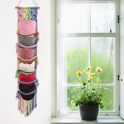KaloKalo Macrame Cap Holder Boho Hat Hangers Over Door Decorative Bohemian Handmade Ball Cap Rack Organizer Colorful Woven Wall Hanging for Baseball Cap Display Decorations (Rainbow, Up to 12 Caps)