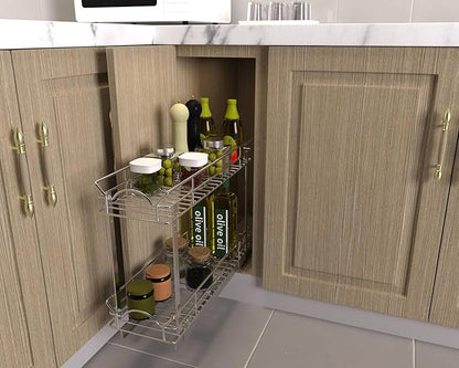OCG Slide Out Cabinet Organizer for Narrow Cabinet (9" W X 17" D), 2 Tier Pull Out Shelves Slim Sliding Cabinet Organizer and Storage, Chrome