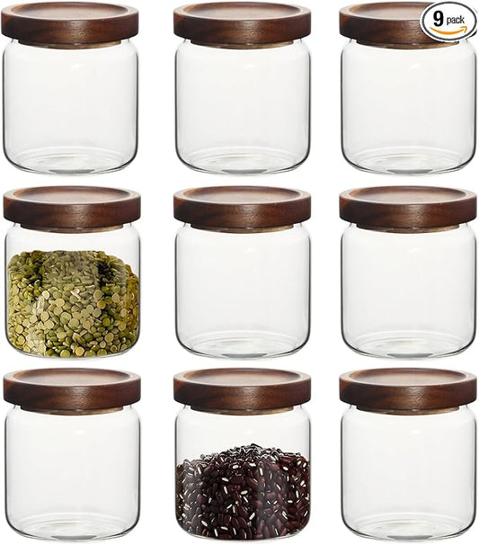 16oz Glass Airtight Food Storage Jars with Acacia Wood Lid - Kitchen Canisters for Coffee,Tea,Sugar,Spices,Herbs,and Candy - Airtight,Eco-Friendly, and Stylish for Pantry or Countertop (9PCS)