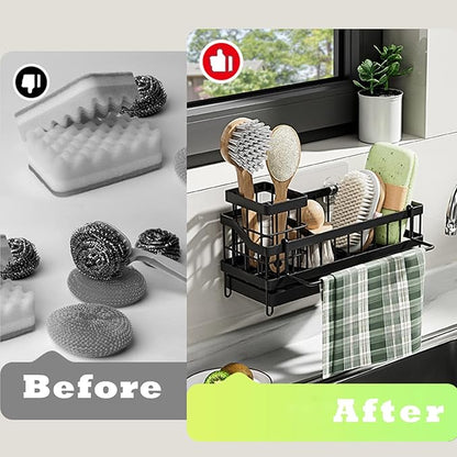SOVGIZF Sink Caddy kitchen Organzier with High Brush Holder, Wall-Mounted Sponge Holder for Sink, Countertop Organizer Soap Dispenser Storage, Rustproof 304 Stainless Steel Kitchen Essentials
