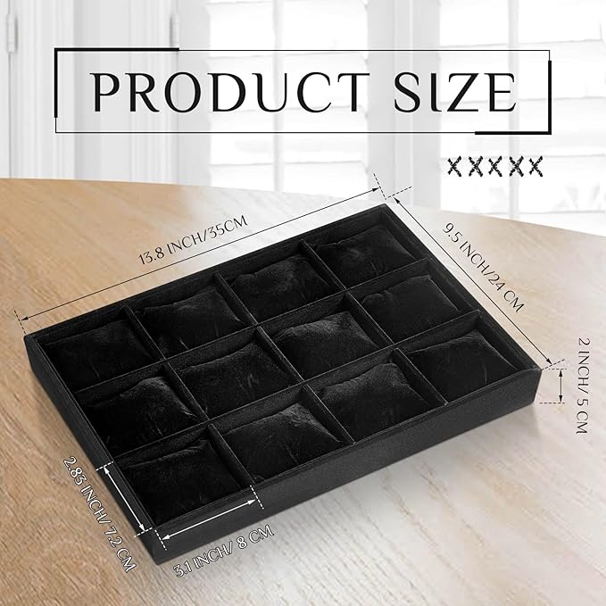 Henoyso 2 Pieces 12 Grid Velvet Watch Tray Jewelry Organizer Stackable Watch Bracelet Bangle Display Holder Adjustable Pillow(Black)