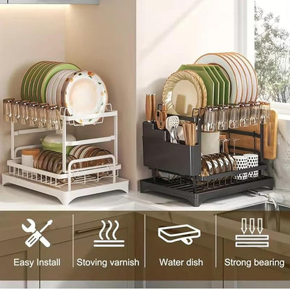 2-Tier Dish Drying Rack - Stainless Steel Dish Racks for Kitchen Counter, Space-Saving Kitchen Counter Organizer with Cutlery/Cup Holders & Draining Tray, Rustproof Multifunctional Drainer (White)