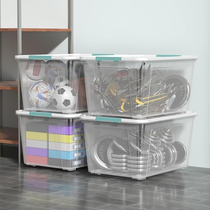 Melontray 85 Quart Large Plastic Storage Bins, 4-Pack Clear Plastic Storage Box with Wheels