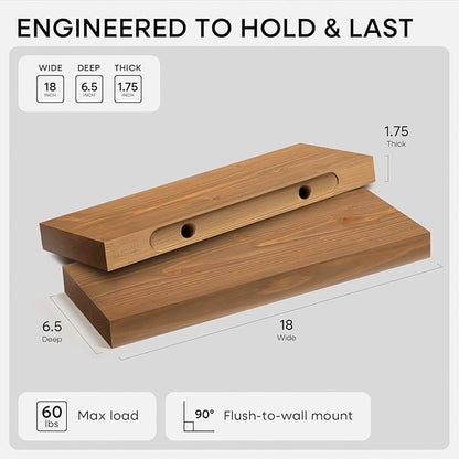 Homeforia 18 inch Golden Oak Floating Shelf, High End Solid Real Wood 18inch Small Floating Shelves for Wall Mounted, Oak Wooden 18in Floating Shelves, Heavy Duty Bracket, 18 X 6.5 X 1.75 in, Set of 3