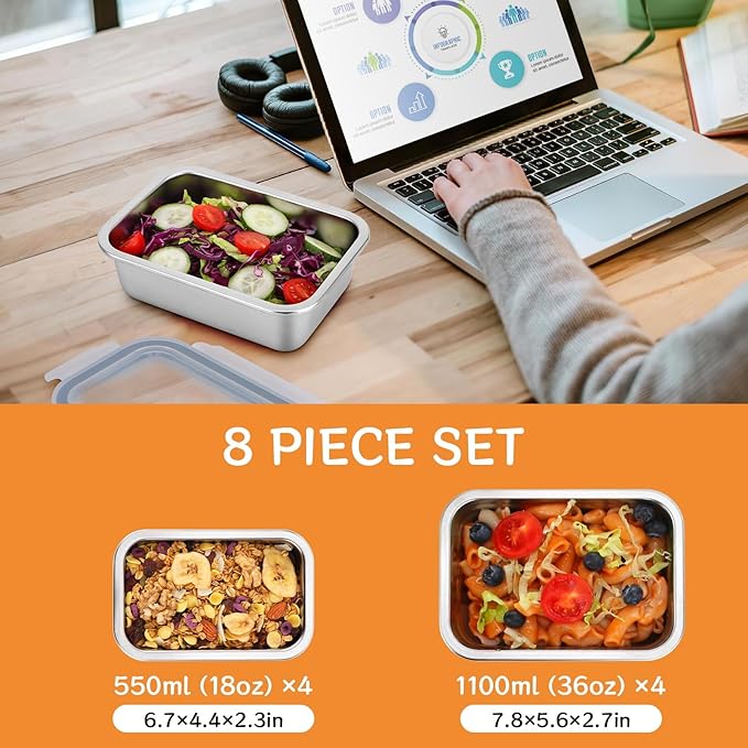 8-Piece 304 Stainless Steel Food Storage Containers with Lids, Leakproof & Airtight Bento Lunch Box, Oven/Freezer/Dishwasher Safe,Stackable Kitchen Storage Set