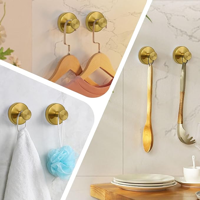 Season 2 Season Suction Cup Hooks for Shower, Heavy Duty Wreaths Hangers for Glass Door Window, Towel Hook No Drill Holder on Smooth Wall, Mirror, Tile for Home (2Pcs Gold)