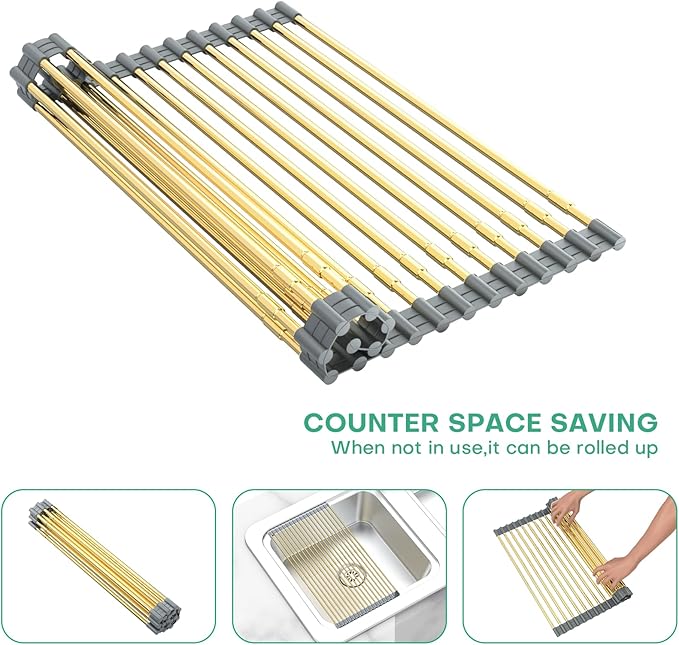 AXIMIXAME Expandable Large Draining Rack, Roll Up Heat-Resistant Dish Drainer for Stainless Steel Sinks, Collapsible Over The Sink Rack Non-Slip Silicone Rolling Up Rack Gold 18 Tube