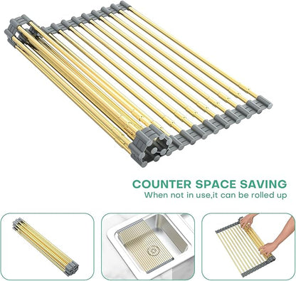 AXIMIXAME Expandable Large Draining Rack, Roll Up Heat-Resistant Dish Drainer for Stainless Steel Sinks, Collapsible Over The Sink Rack Non-Slip Silicone Rolling Up Rack Gold 18 Tube