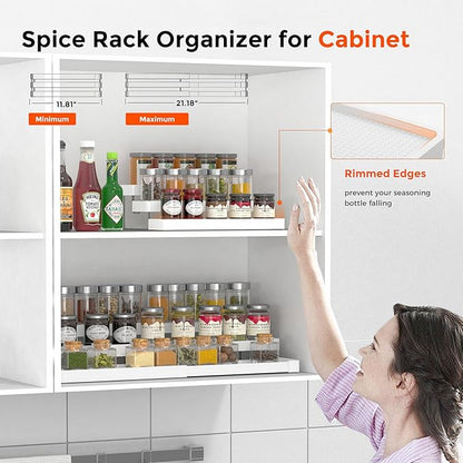 Expandable Spice Rack Organizer for Cabinet - 3 Tier Adjustable Cabinet Spice Organizer Easy Visibility - Spice Organizer for Cabinet Countertop Cupboard Pantry Organization (White)