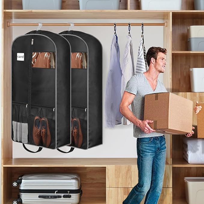 43" Heavy Duty Garment Bags for Travel 6.5" Gusseted Suit Bags for Closet Storage 2 Handles Hanging Clothes Bag with Pocket Mens Suit Cover for Shirts, Coats, Dresses, Suit Holder, 2 Pack