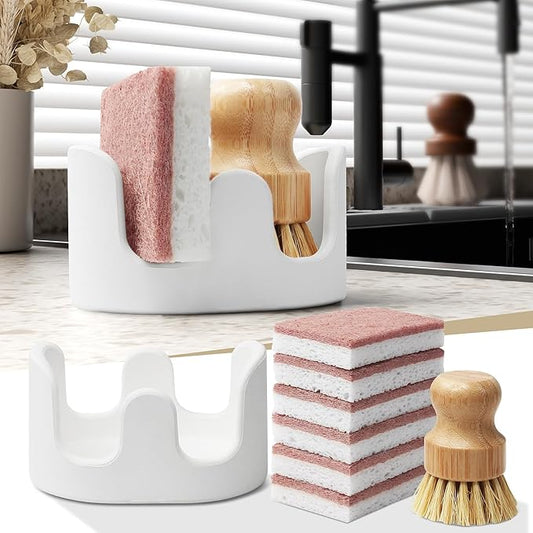 Slow Slog Double Sponge Holder, Water-Absorbing Stone Dish Sponge Caddy for Kitchen Sink Counter, Fast-Drying Stone Sponge Holder with 6 Sponges and 1 Brush, White