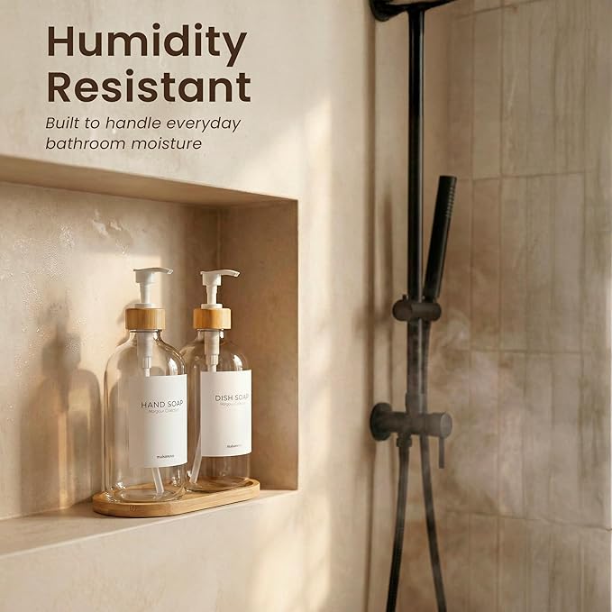 Maisonovo Glass Soap Dispenser Bathroom Set | Hand Soap and Dish Soap Dispenser Set | 16.9oz Clear Bottles with White Bamboo Pump | Bathroom Lotion Dispenser with Pump Set of 2
