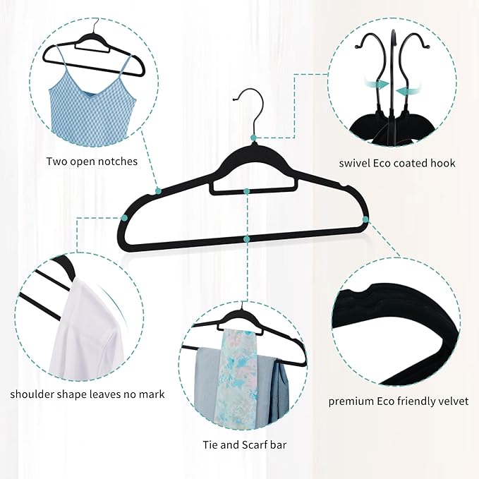 Perfecasa Black Velvet Hangers 30 Pack - Non Slip Clothes Hangers, Ultra Slim Hangers, Space Saving Swivel Black Hook, Suit, Top, Tie, Shirt, Skirt & Pant Felt Hangers, Black Hangers