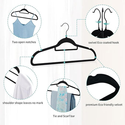 Perfecasa Black Velvet Hangers 30 Pack - Non Slip Clothes Hangers, Ultra Slim Hangers, Space Saving Swivel Black Hook, Suit, Top, Tie, Shirt, Skirt & Pant Felt Hangers, Black Hangers